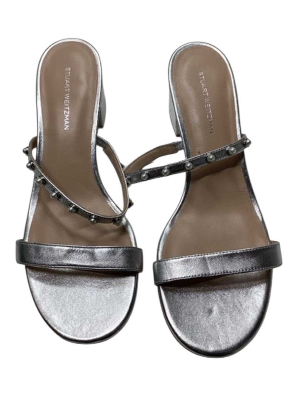 Stuart Weitzman White Pearly Strap Block Slide 50 Sandal Size 9